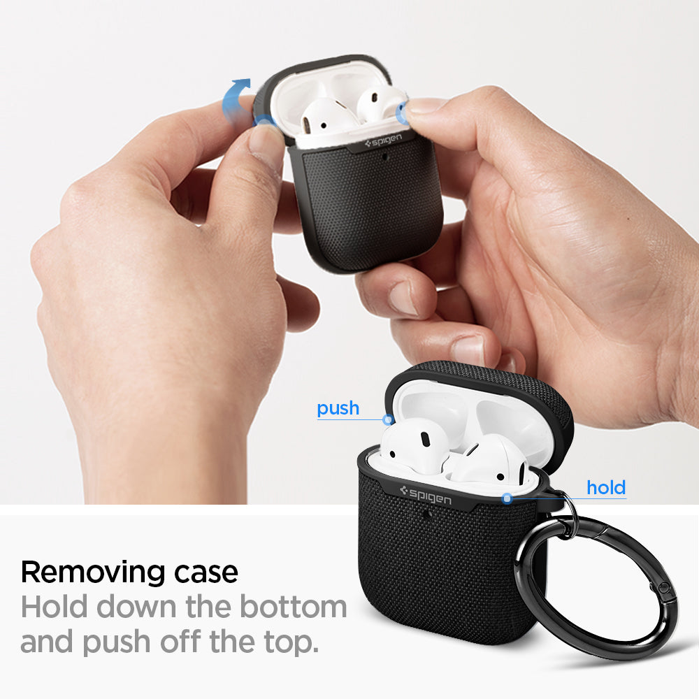 074CS27030 - Apple AirPods 1 / 2 Case Urban Fit in black showing how to remove the case. Hold down the bottom and push off the top