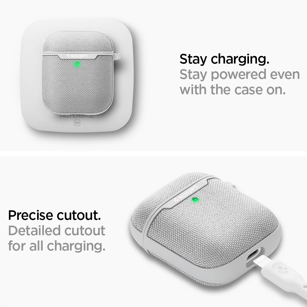 074CS27031 - Apple AirPods 1 / 2 Case Urban Fit in gray showing how it stays charging. Stay powered even with the case on. Precise cutout. Detailed cutout for all charging