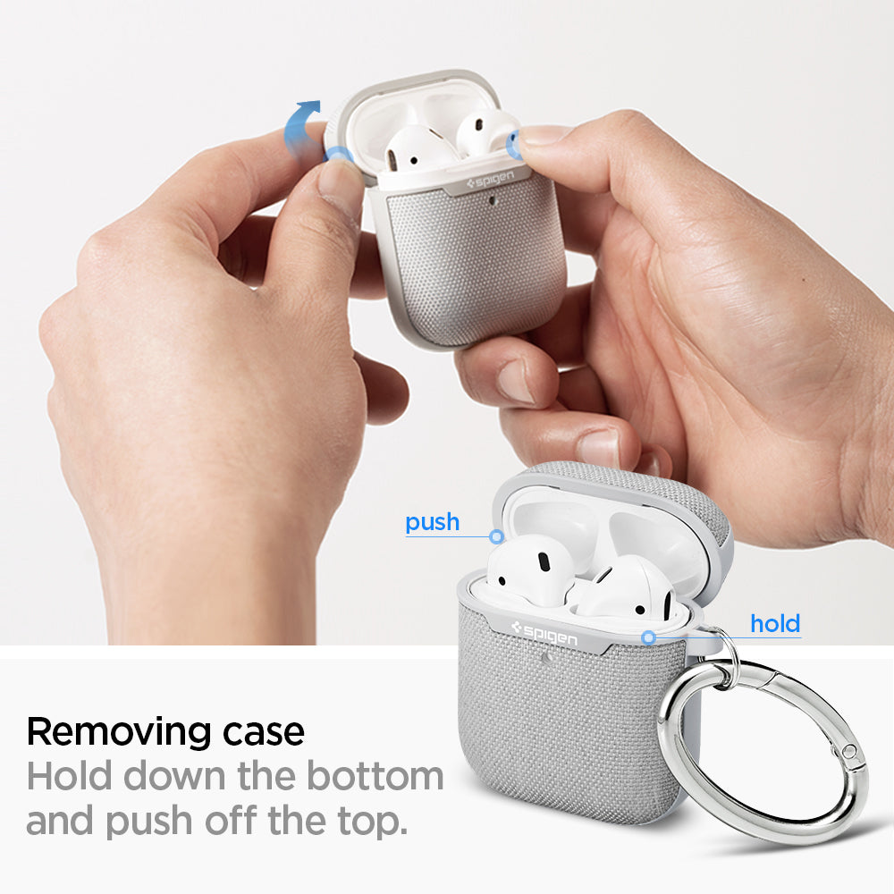 074CS27031 - Apple AirPods 1 / 2 Case Urban Fit in gray showing how to remove the case. Hold down the bottom and push off the top