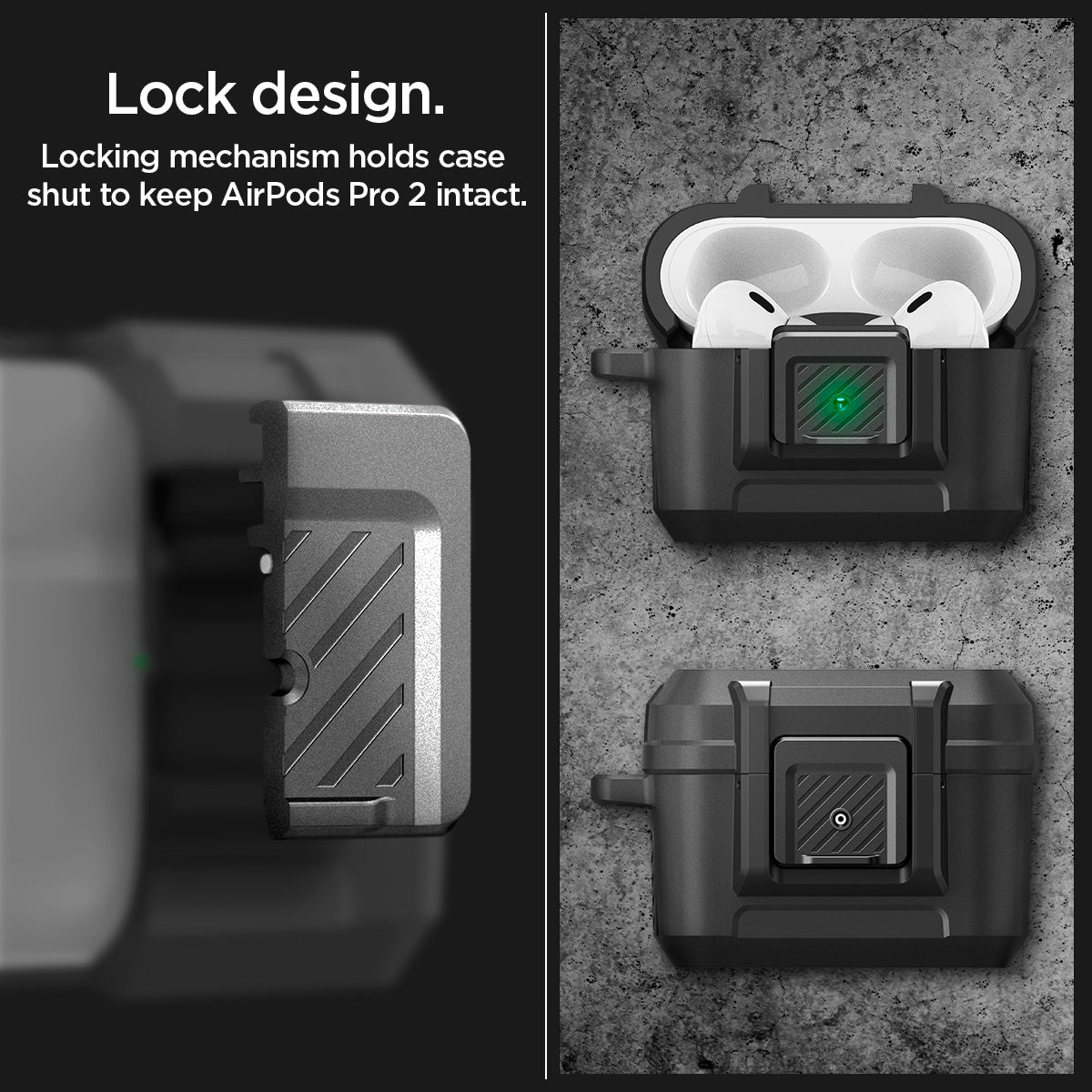 ACS05485lock design. Locking mechanism holds case shut to keep AirPods Pro 2 intact