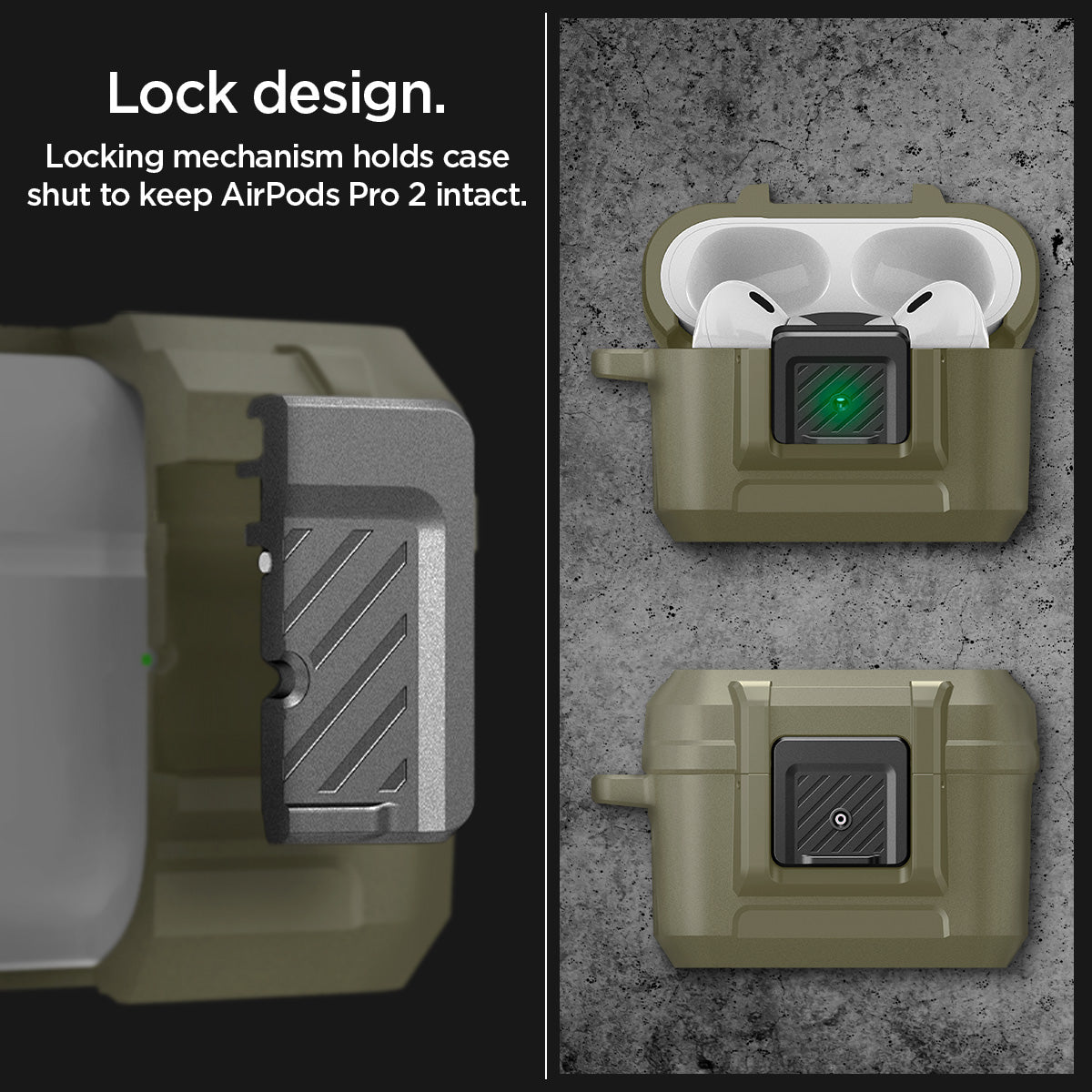 ACS05911lock design. Locking mechanism holds case shut to keep AirPods Pro 2 intact