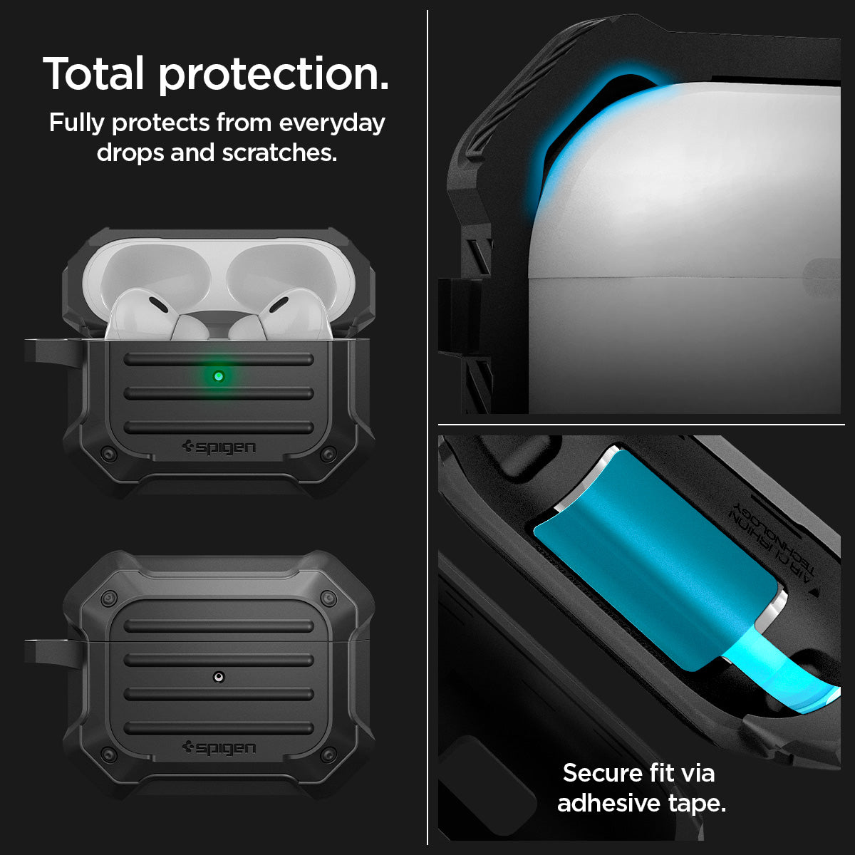 ACS05480 - Apple AirPods Pro 2 Case Tough Armor in black showing the total protection. Fully protects from everyday drops and scratches. Secure fit via adhesive tape