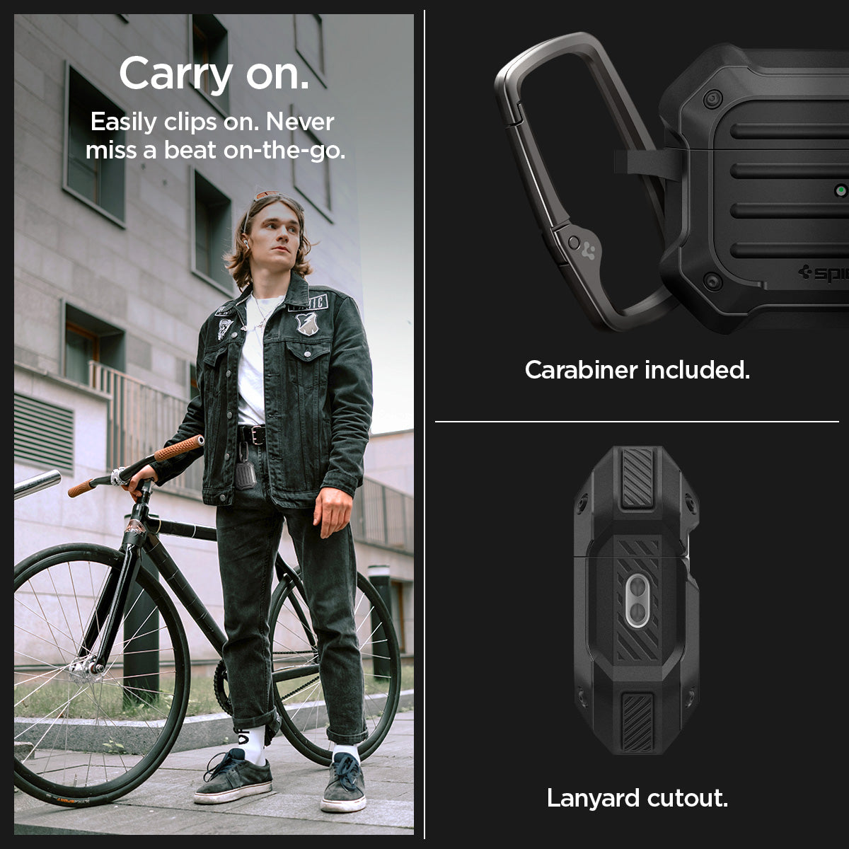 ACS05480 - Apple AirPods Pro 2 Case Tough Armor in black showing how easy to carry on. Easily clips on. Never miss a beat on-the-go