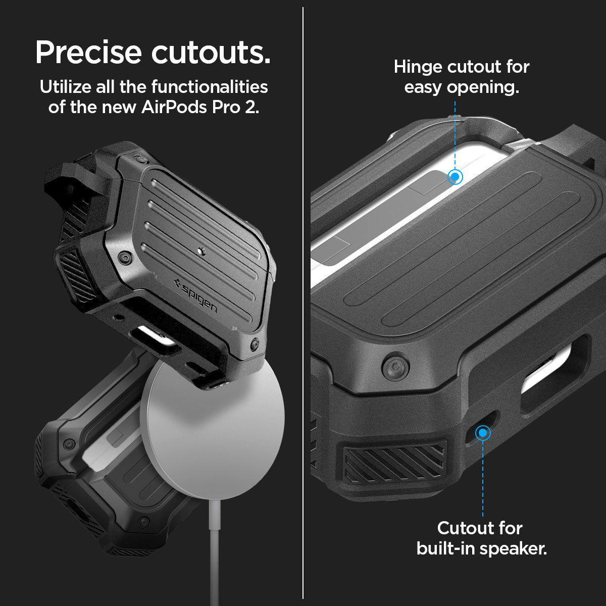 ACS05480 - Apple AirPods Pro 2 Case Tough Armor in black showing the precise cutouts. Utilize all the functionalities of the new AirPods Pro 2. Hinge cutout for easy opening, cutout for built-in speaker