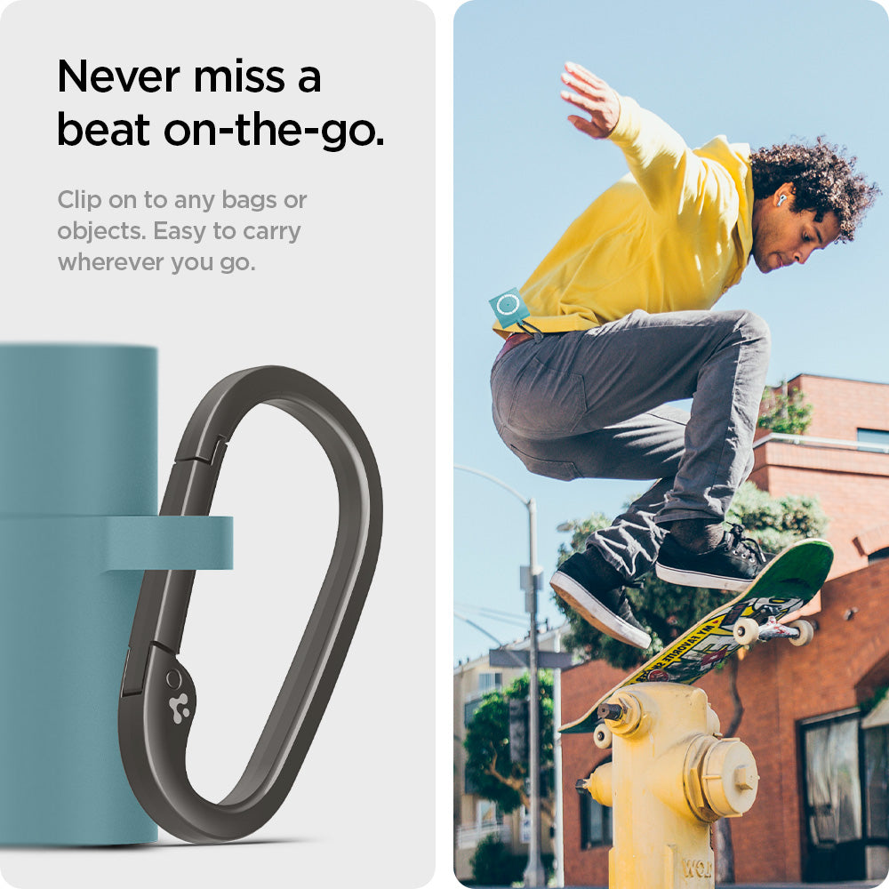 ASD02215 - Apple AirPods 3 Case Classic Shuffle in cactus green showing the never miss a beat on-the-go. Clip on to any bags or objects. Easy to carry wherever you go
