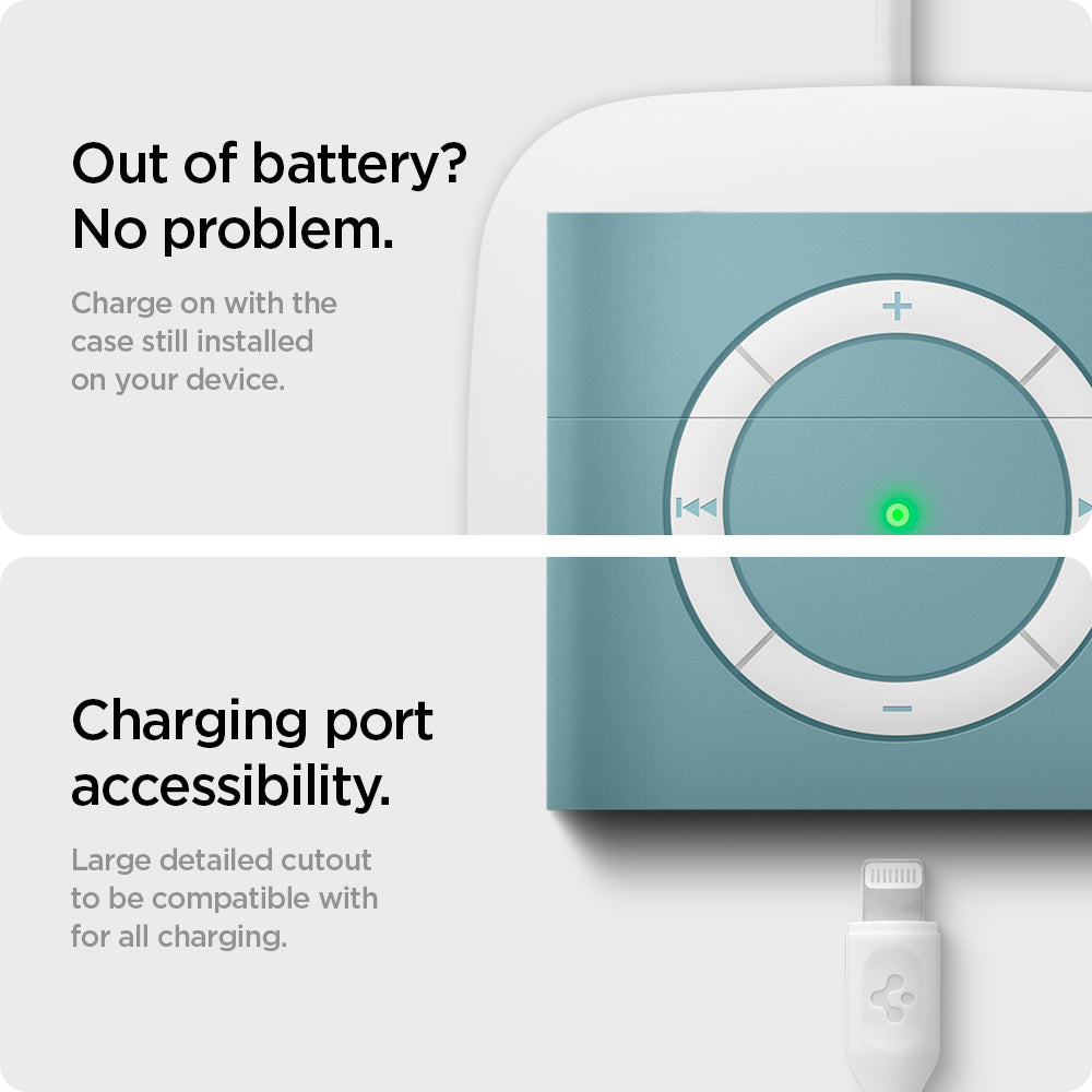 ASD02215 - Apple AirPods 3 Case Classic Shuffle in cactus green showing how it chargers on with the case still installed on your device Charging port accessibility. Large detailed cutout to be compatible with for all charging