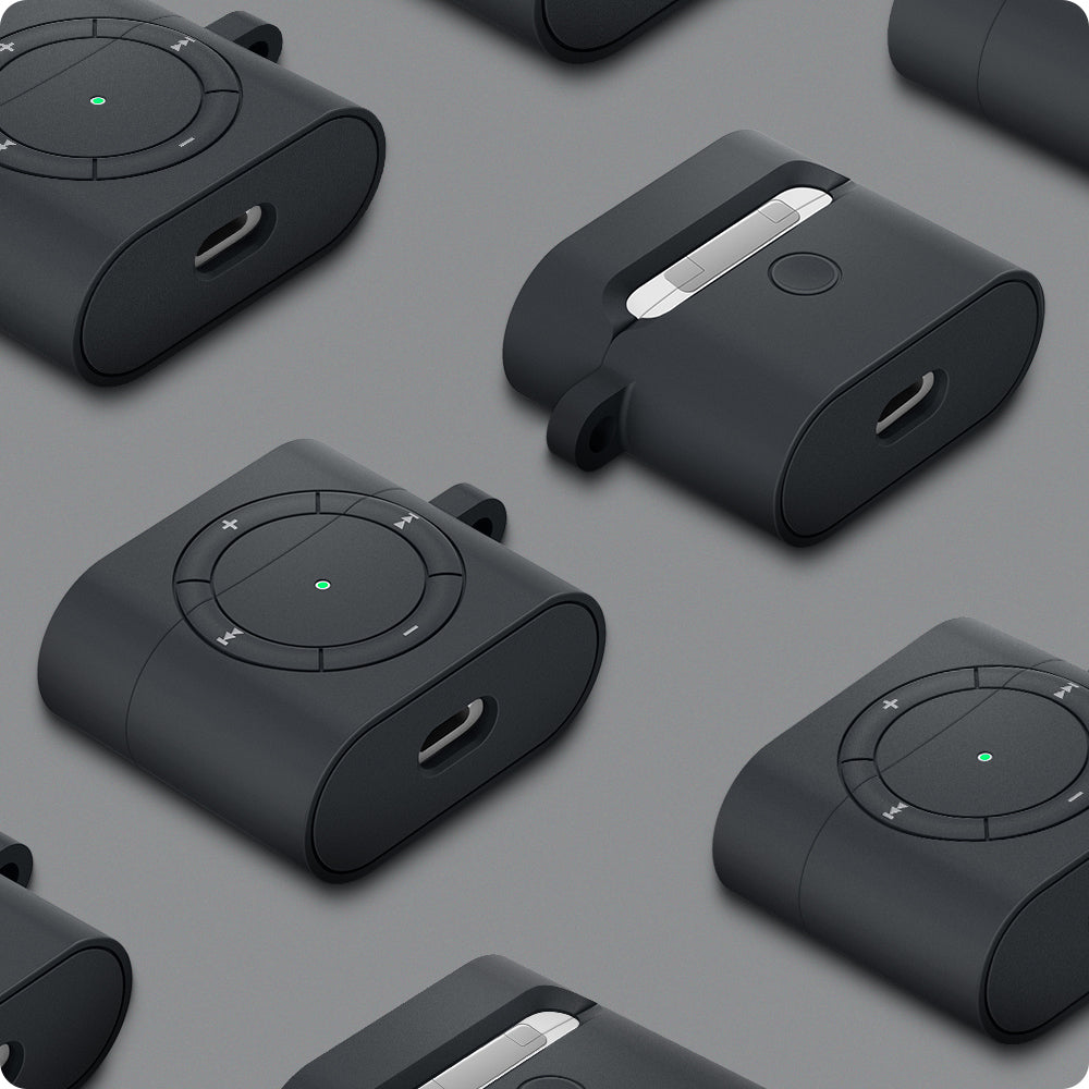 ASD01992 - Apple AirPods 3 Case Classic Shuffle in charcoal showing the front, back, side and bottom