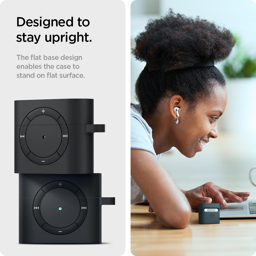 ASD01992 - Apple AirPods 3 Case Classic Shuffle in charcoal showing how it is designed to stay upright. The flat base design enables the case to stand on flat surface