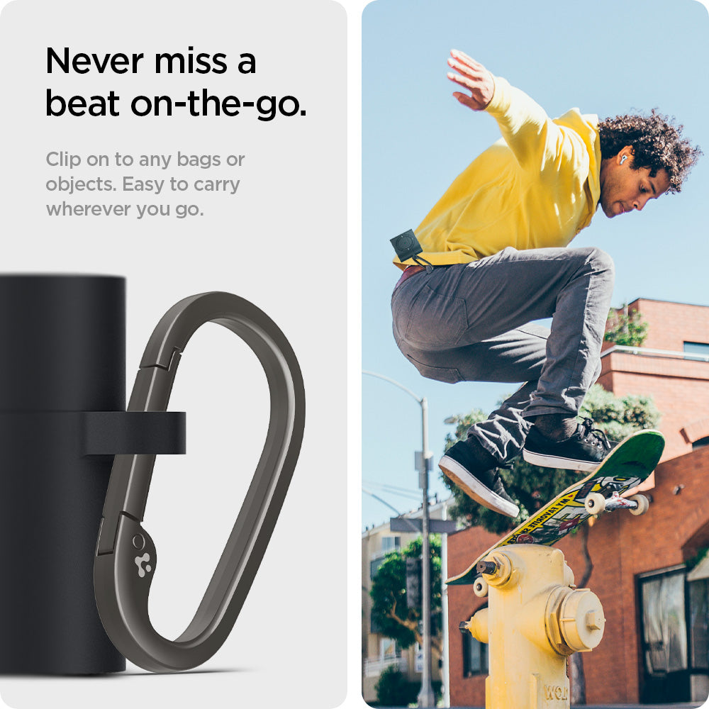 ASD01992 - Apple AirPods 3 Case Classic Shuffle in charcoal showing the never miss a beat on-the-go. Clip on to any bags or objects. Easy to carry wherever you go