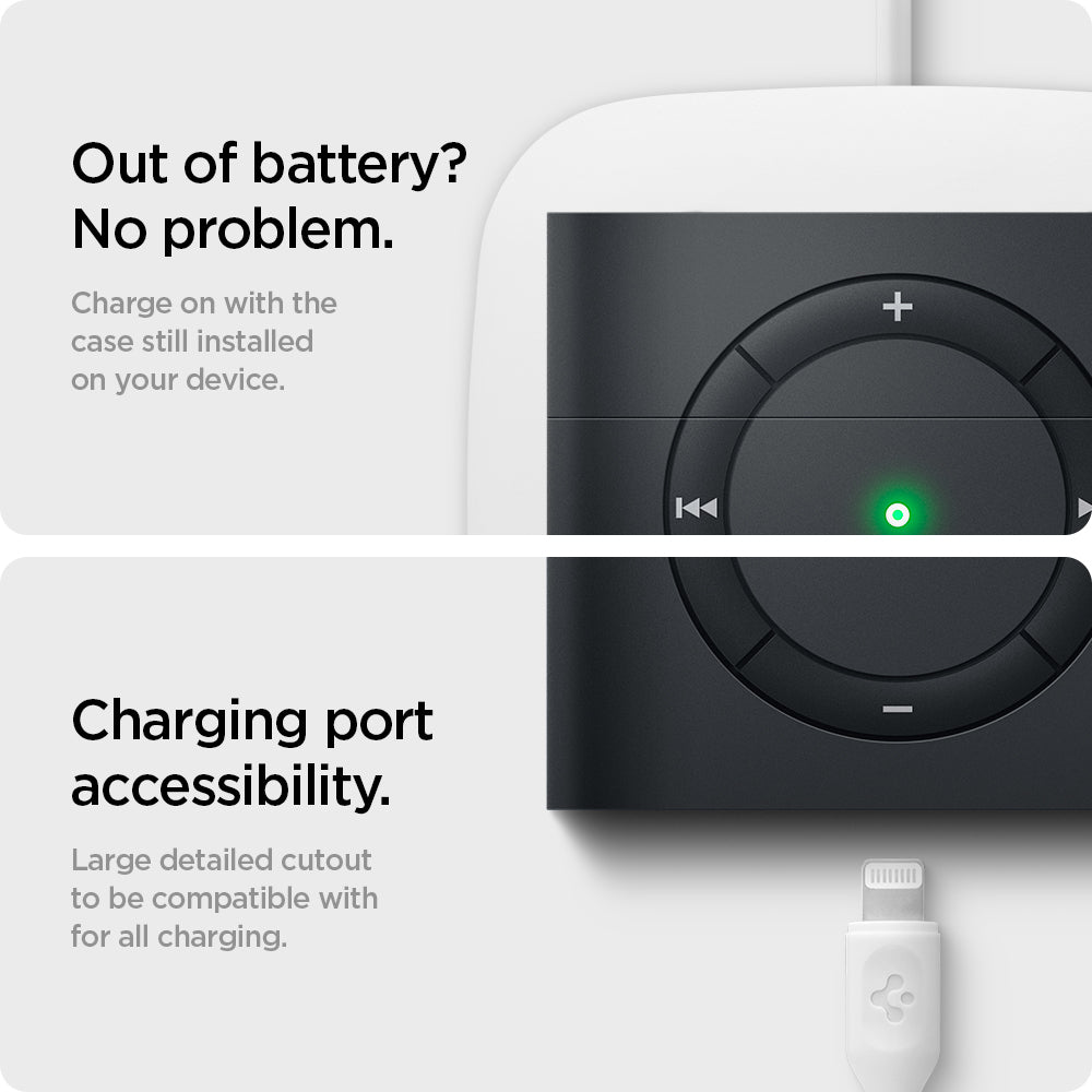 ASD01992 - Apple AirPods 3 Case Classic Shuffle in charcoal showing how it chargers on with the case still installed on your device Charging port accessibility. Large detailed cutout to be compatible with for all charging
