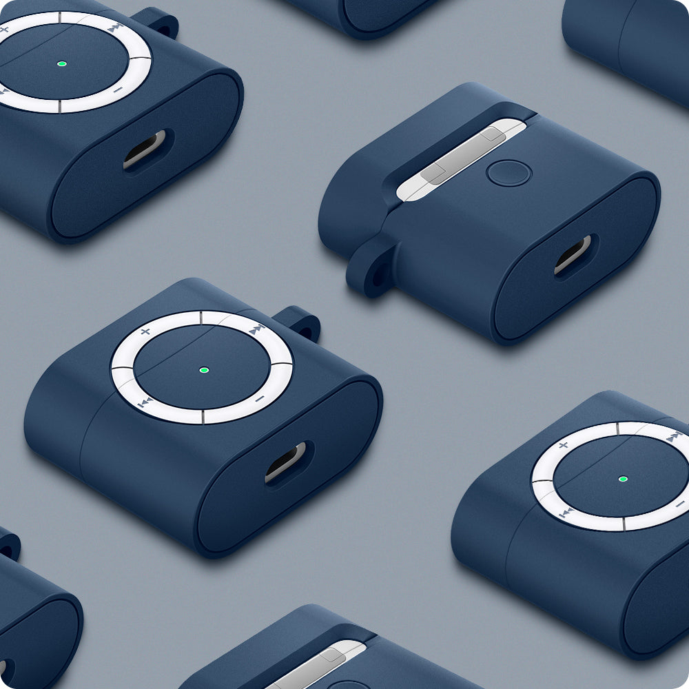 ASD02216 - Apple AirPods 3 Case Classic Shuffle in deep blue showing the front, back, side and bottom