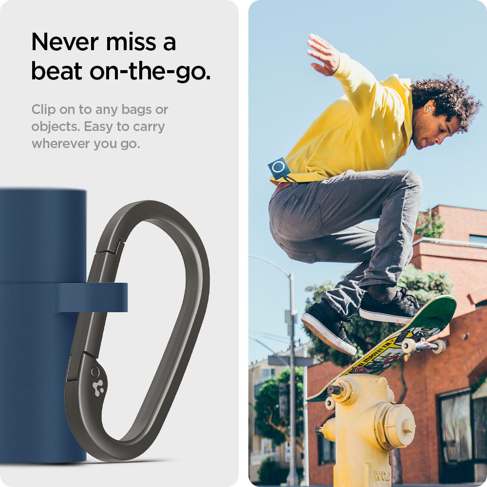 ASD02216 - Apple AirPods 3 Case Classic Shuffle in deep blue showing the never miss a beat on-the-go. Clip on to any bags or objects. Easy to carry wherever you go