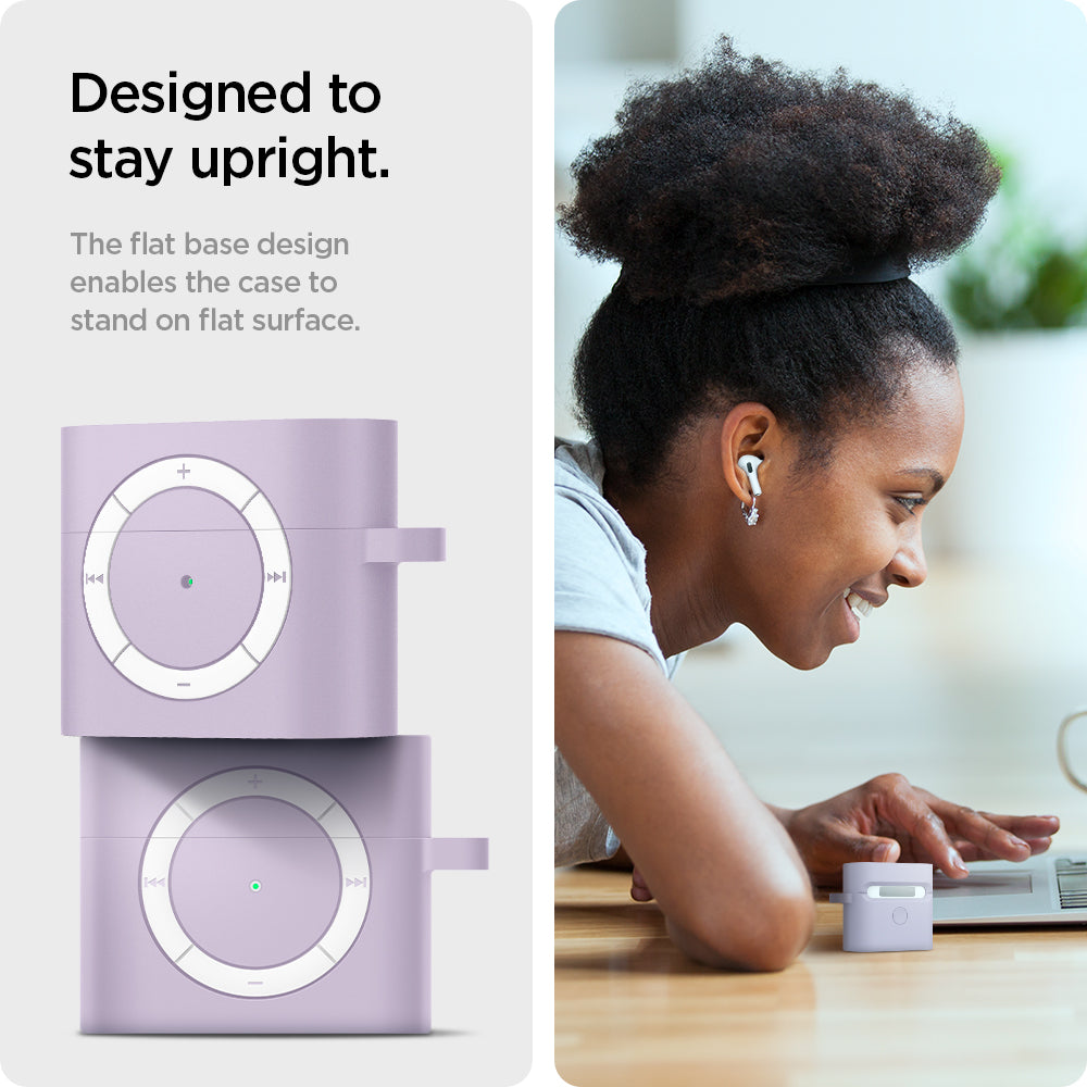 ASD02214 - Apple AirPods 3 Case Classic Shuffle in lavender showing how it is designed to stay upright. The flat base design enables the case to stand on flat surface