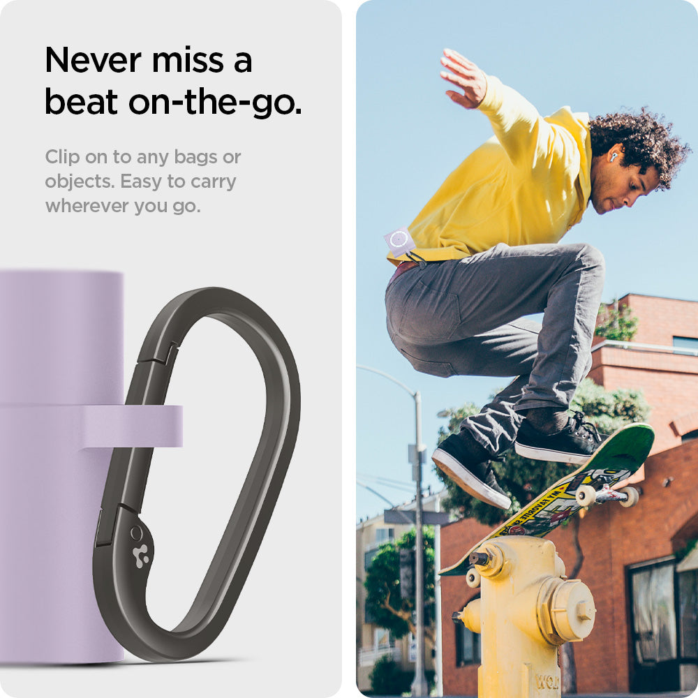 ASD02214 - Apple AirPods 3 Case Classic Shuffle in lavender showing the never miss a beat on-the-go. Clip on to any bags or objects. Easy to carry wherever you go