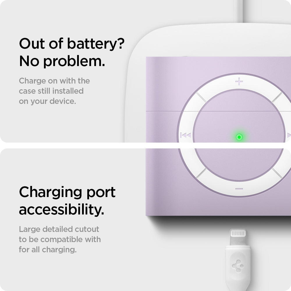 ASD02214 - Apple AirPods 3 Case Classic Shuffle in lavender showing how it chargers on with the case still installed on your device Charging port accessibility. Large detailed cutout to be compatible with for all charging