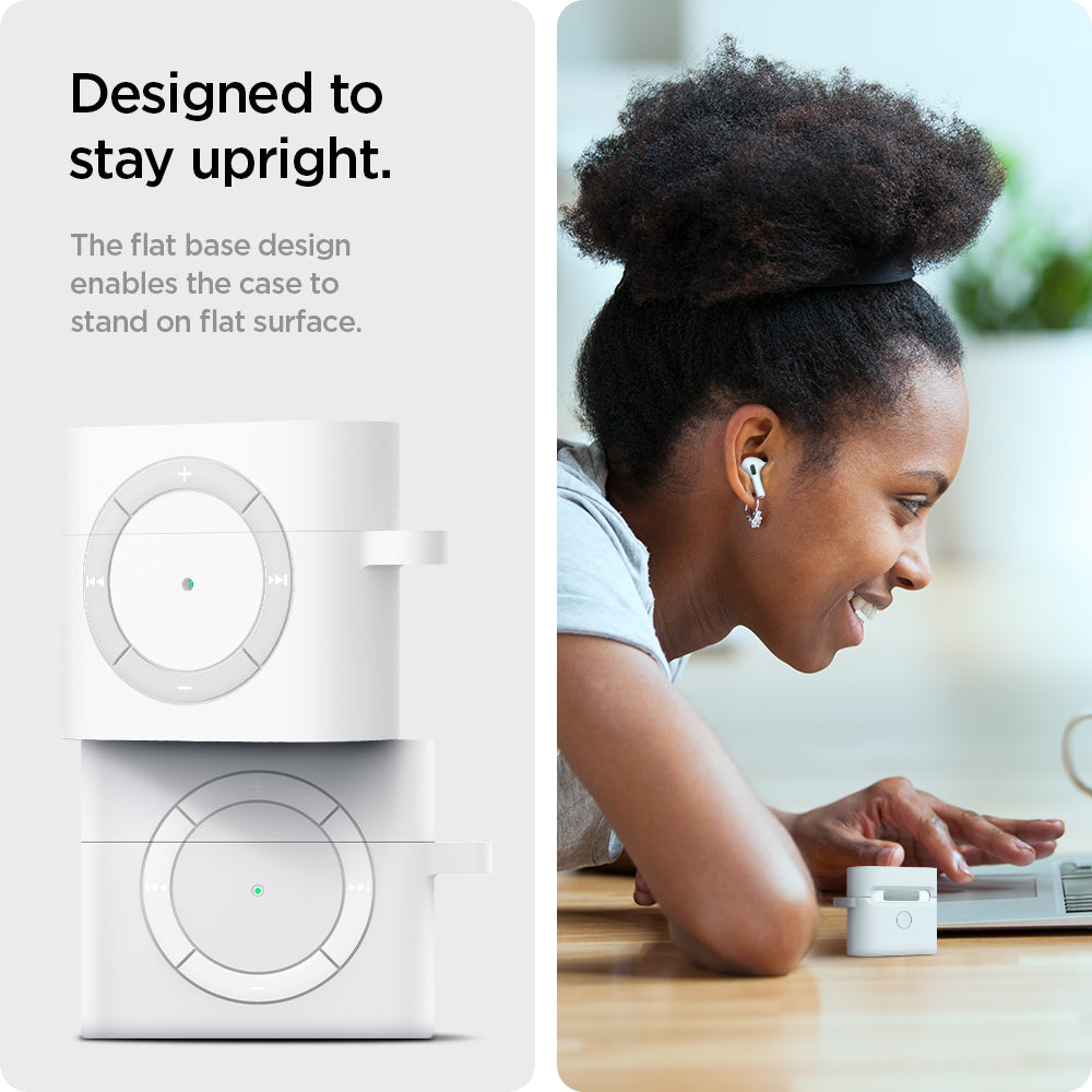 ASD02213 - Apple AirPods 3 Case Classic Shuffle in white showing how it is designed to stay upright. The flat base design enables the case to stand on flat surface
