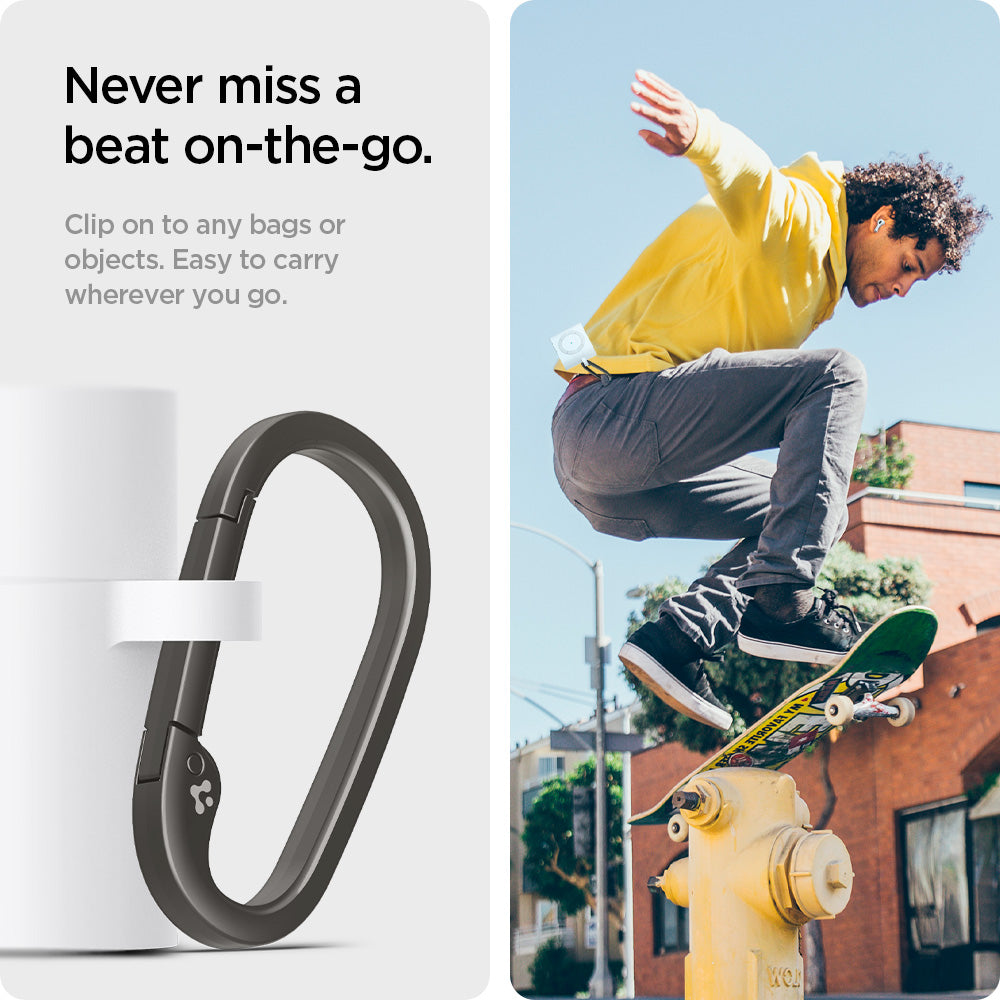 ASD02213 - Apple AirPods 3 Case Classic Shuffle in white showing the never miss a beat on-the-go. Clip on to any bags or objects. Easy to carry wherever you go