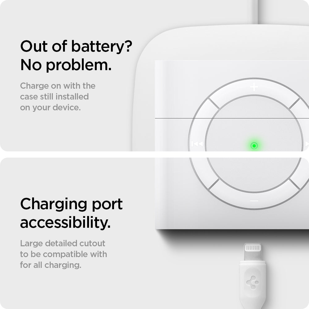 ASD02213 - Apple AirPods 3 Case Classic Shuffle in white showing how it chargers on with the case still installed on your device Charging port accessibility. Large detailed cutout to be compatible with for all charging