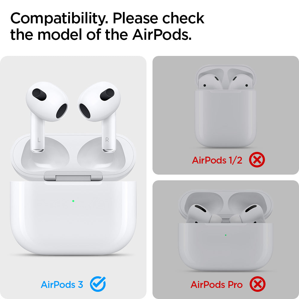 ASD01986 - Apple Airpods 3 Shine Shield in metallic silver showing the compatibility. Compatible with AirPods 3 but not compatible with AirPods 1/2 | AirPods Pro