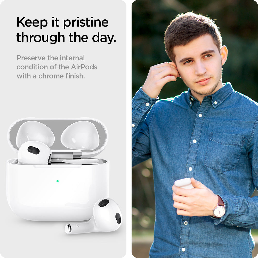 ASD01986 - Apple Airpods 3 Shine Shield in metallic silver showing how it preserve the internal condition of the AirPods with a chrome finish