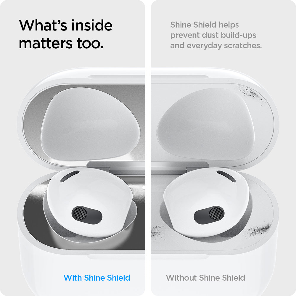 ASD01986 - Apple Airpods 3 Shine Shield in metallic silver showing what's inside matters too. Shine Shield helps prevent dust build-ups and everyday scratches