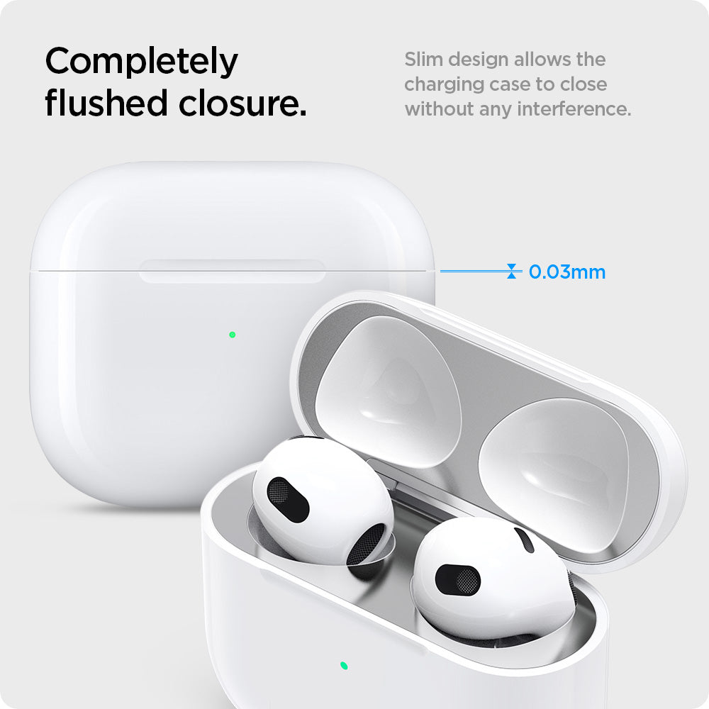 ASD01986 - Apple Airpods 3 Shine Shield in metallic silver showing the completely flushed closure. Slim design allows the charging case to close without any interference. 0.03mm