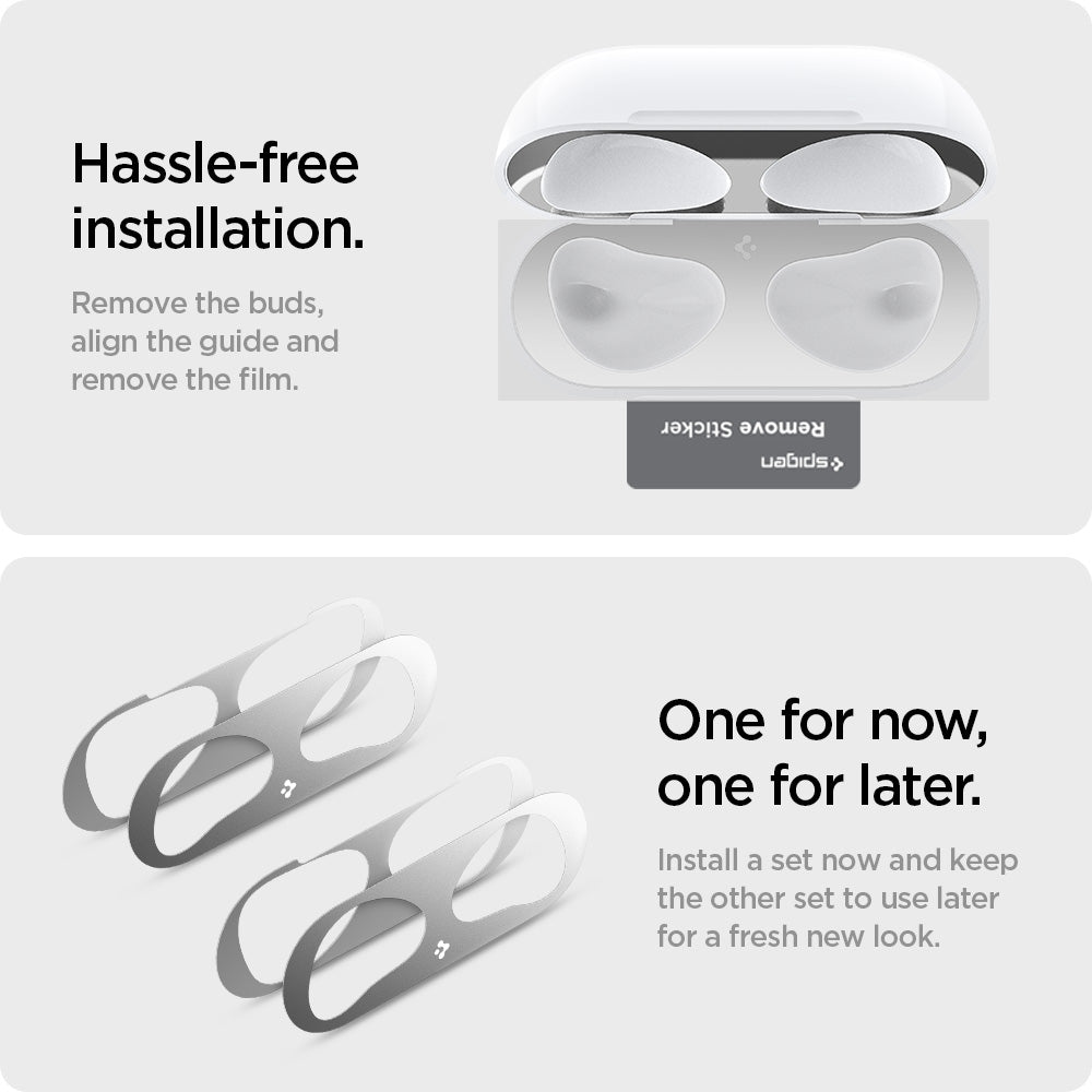 ASD01986 - Apple Airpods 3 Shine Shield in metallic silver showing the hassle-free installation. Remove the buds, align the guide and remove the film. Install a set now and keep the other set to use later for a fresh new look