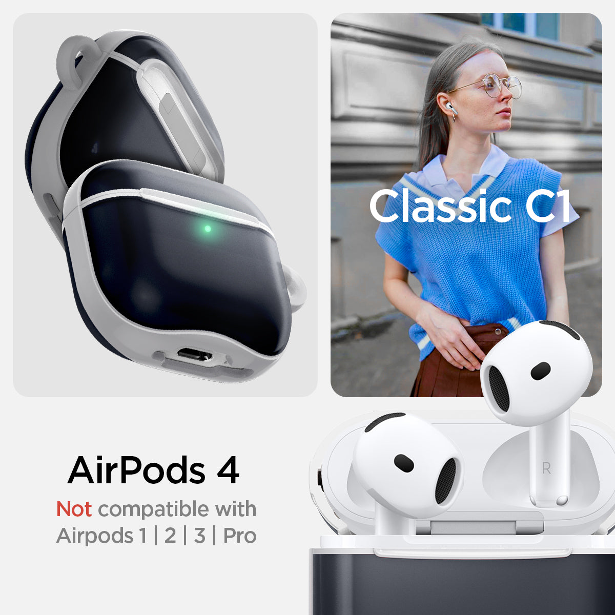 ACS08645 - AirPods 4 Pro / AirPods 4 Classic C1 in Graphite showing the compatibility. Not compatible with Airpods 1 | 2 | 3 | Pro