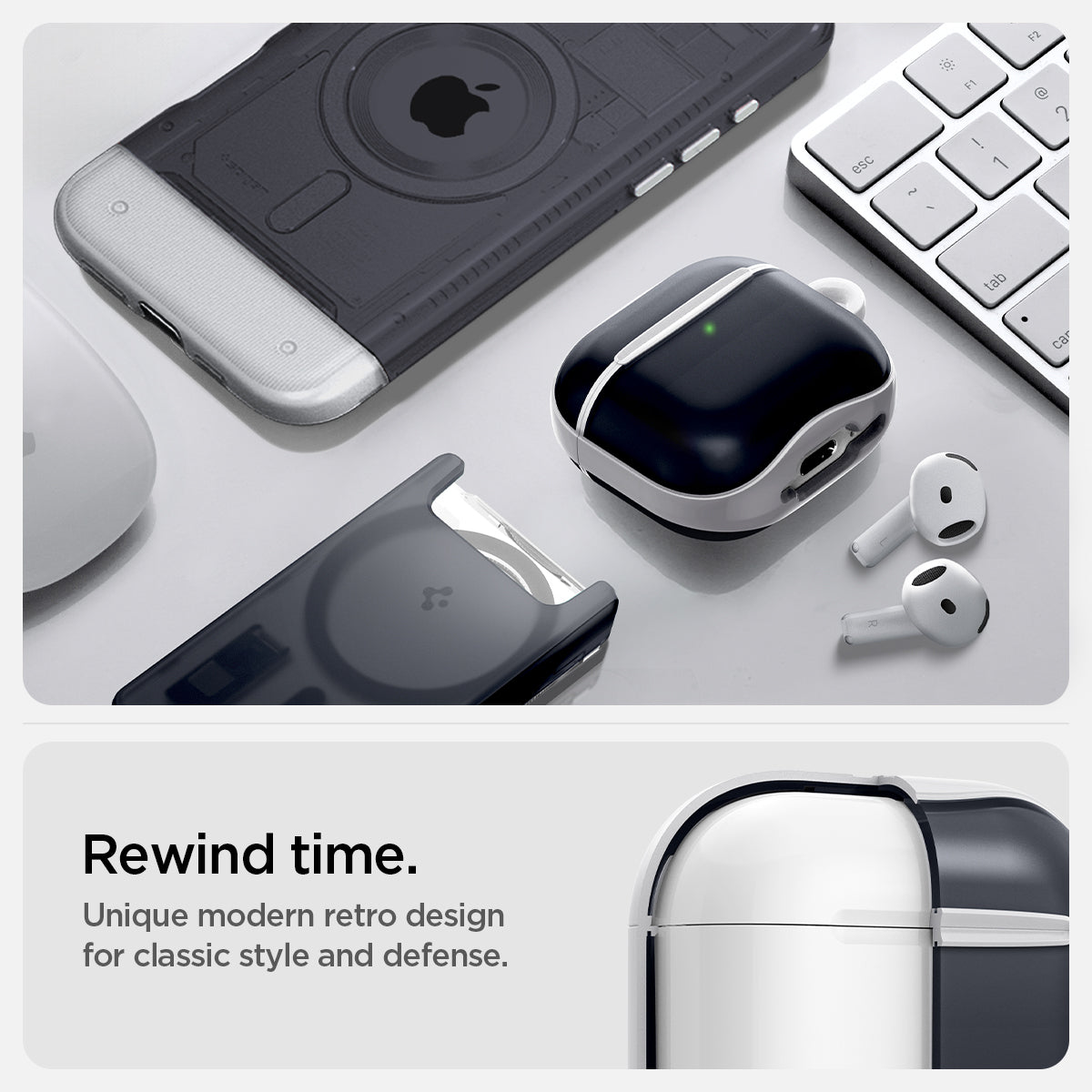 ACS08645 - AirPods 4 Pro / AirPods 4 Classic C1 in Graphite showing the rewind time. Unique modern retro design for classic style and defense