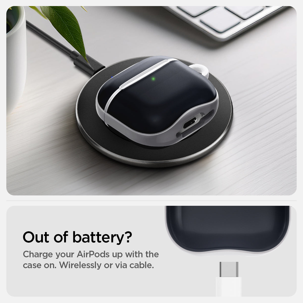 ACS08645 - AirPods 4 Pro / AirPods 4 Classic C1 in Graphite showing how it charges your AirPods up with the case on. Wirelessly or via cable