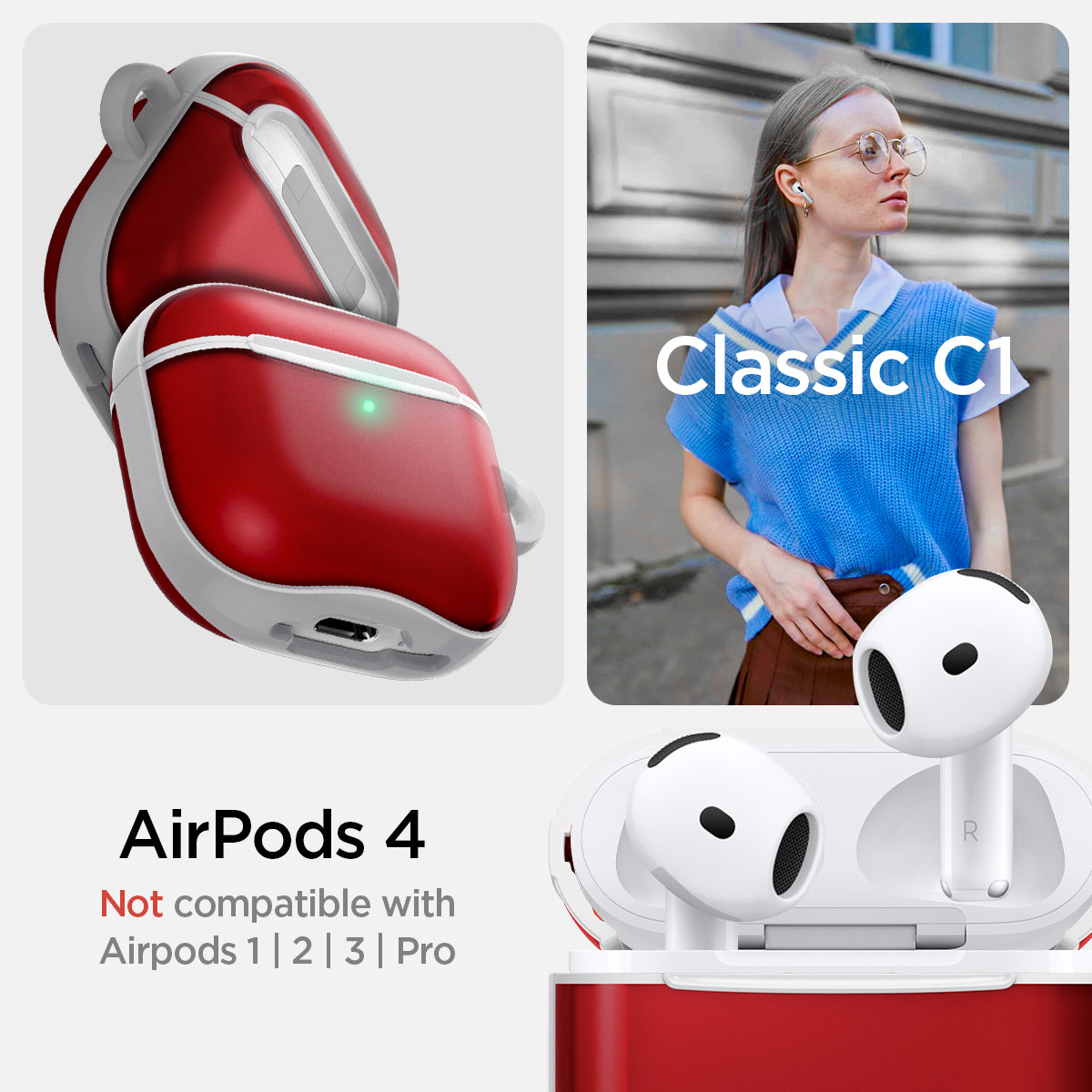 ACS08646 - AirPods 4 Pro / AirPods 4 Classic C1 in Ruby showing the compatibility. Not compatible with Airpods 1 | 2 | 3 | Pro