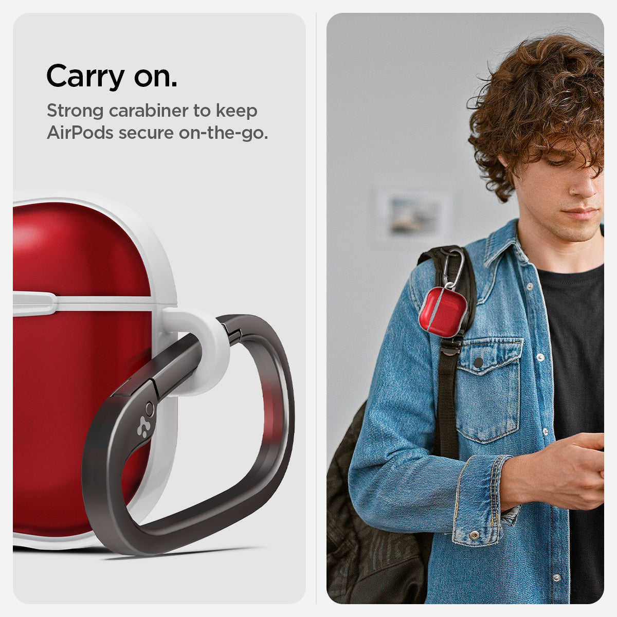 ACS08646 - AirPods 4 Pro / AirPods 4 Classic C1 in Ruby showing the strong carabiner to keep AirPods secure on-the-go