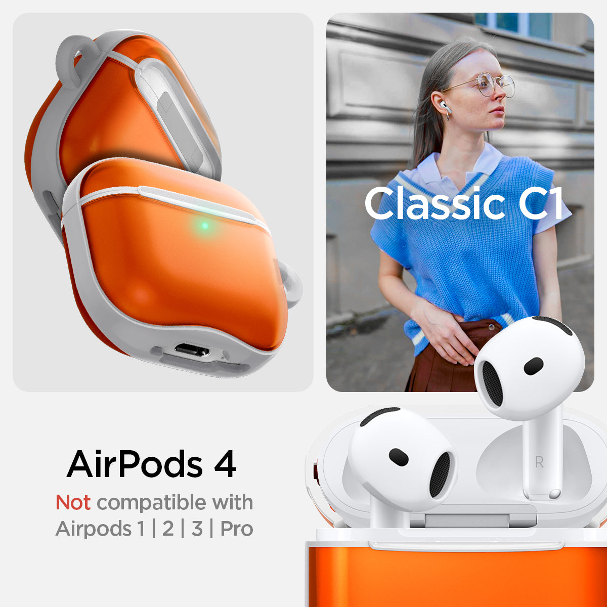 ACS08647 - AirPods 4 Pro / AirPods 4 Classic C1 in Tangerine showing the compatibility. Not compatible with Airpods 1 | 2 | 3 | Pro