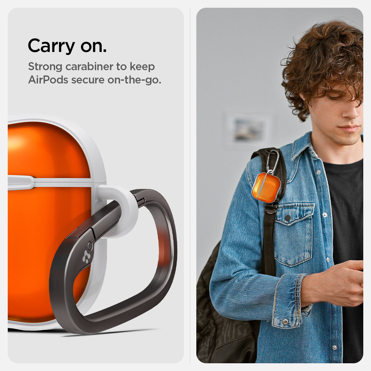 ACS08647 - AirPods 4 Pro / AirPods 4 Classic C1 in Tangerine showing the strong carabiner to keep AirPods secure on-the-go