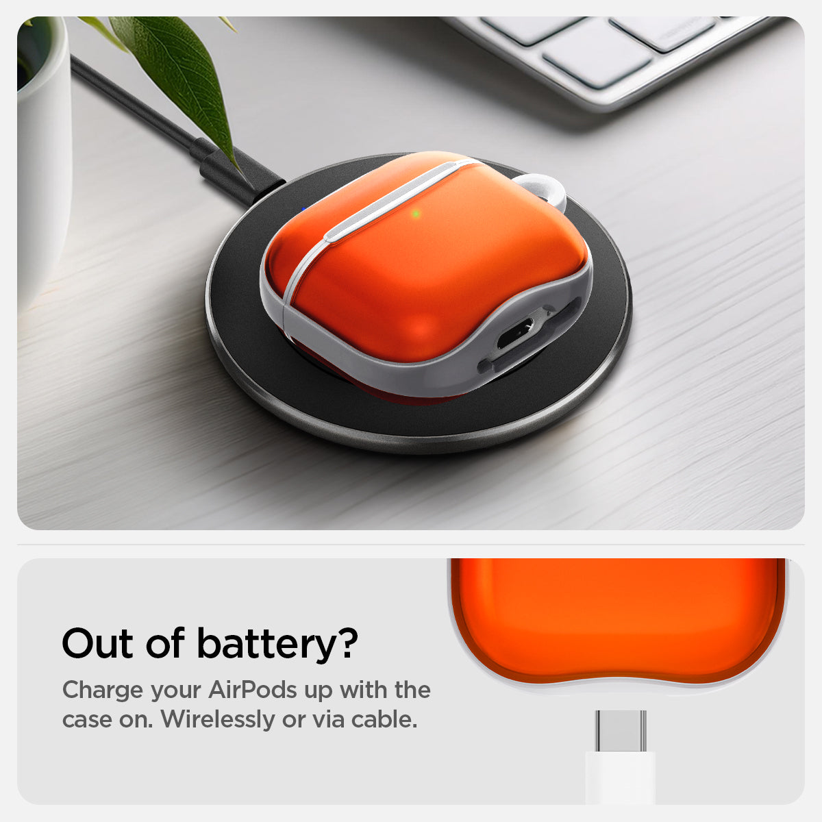 ACS08647 - AirPods 4 Pro / AirPods 4 Classic C1 in Tangerine showing how it charges your AirPods up with the case on. Wirelessly or via cable