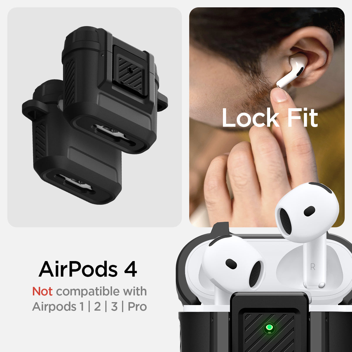ACS09020 - AirPods 4 Case Lock Fit in Matte Black showing the compatibility with AirPods 4 but Not compatible with AirPods 1 | 2 | 3 | Pro
