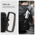 ACS09020 - AirPods 4 Case Lock Fit in Matte Black showing the carry on the go. Strong carabiner to keep AirPods secure