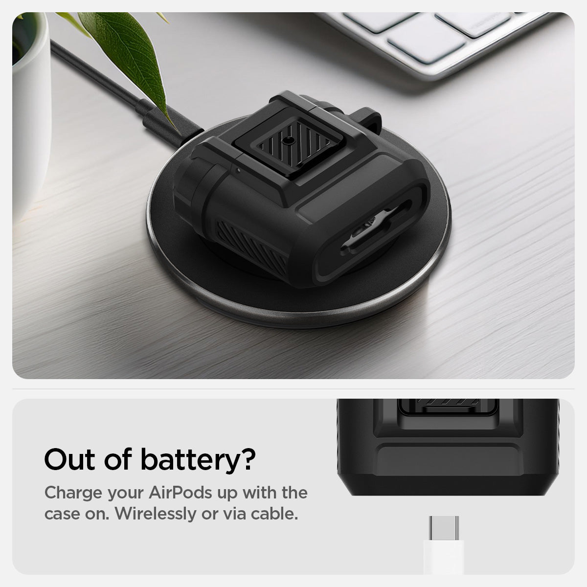 ACS09020 - AirPods 4 Case Lock Fit in Matte Black showing charging your Airpods up with the case on. Wirelessly or via cable