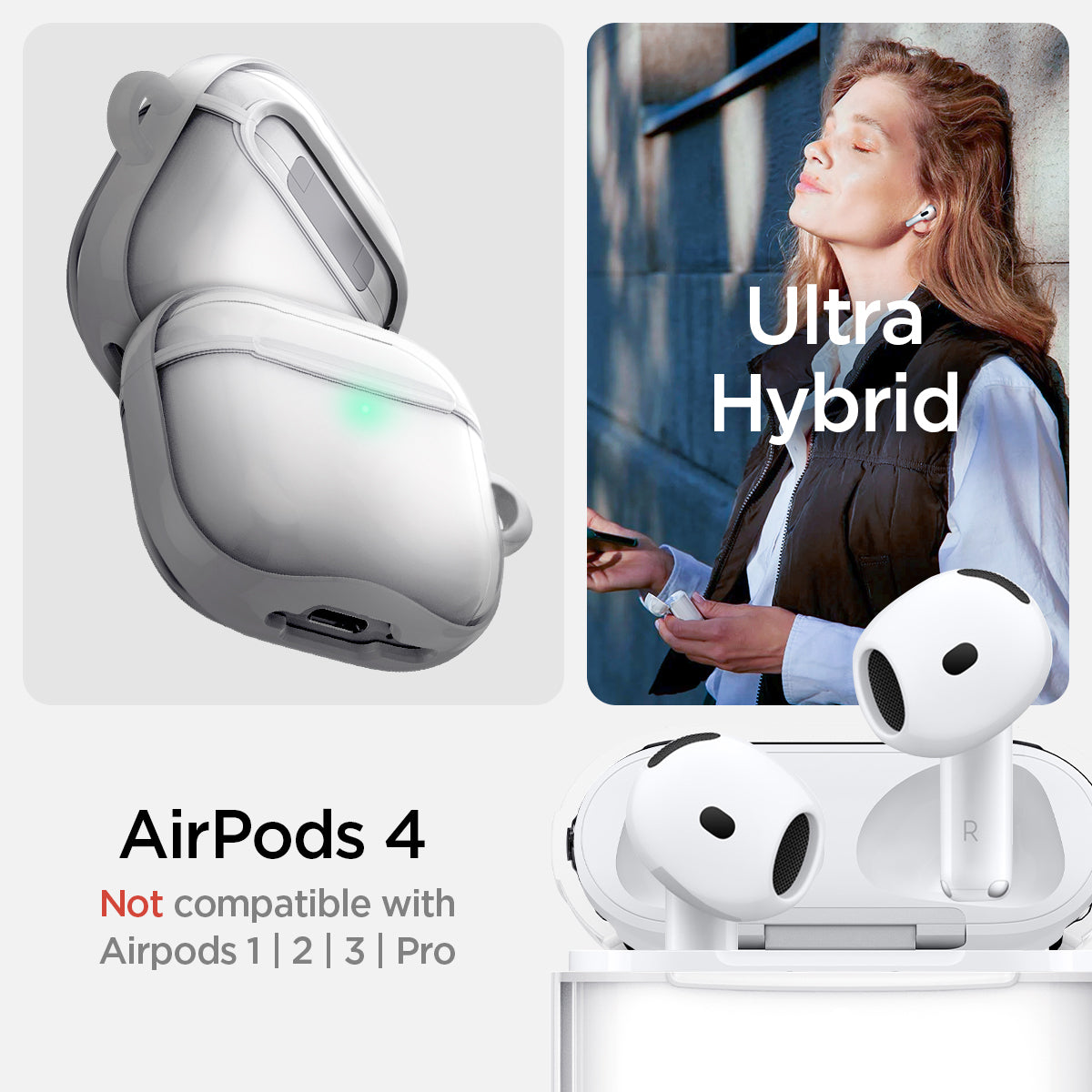 ACS08643 - AirPods 4 Pro / AirPods 4 Ultra Hybrid in Jet White showing the compatibility. Not compatible with Aipords 1 |2 |3 | Pro