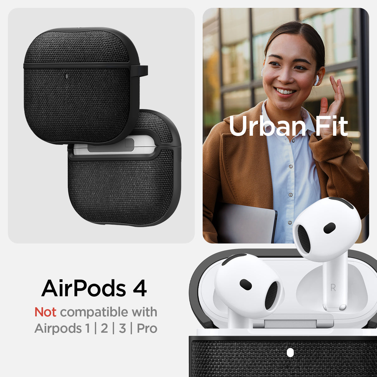 ACS08648 - AirPods 4 Pro / AirPods 4 Case Urban Fit in Black showing the AirPods 4 not compatible with AirPods 1 | 2 | 3 | Pro