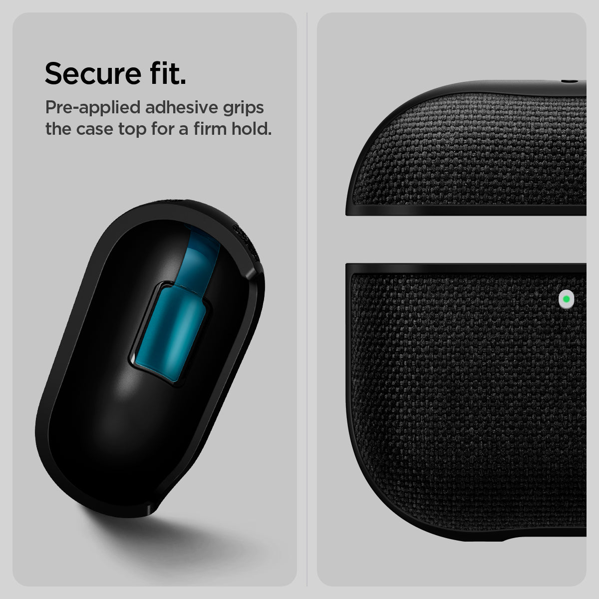 ACS08648 - AirPods 4 Pro / AirPods 4 Case Urban Fit in Black showing the secure fit Pre-applied adhesive grips the case top for a firm hold