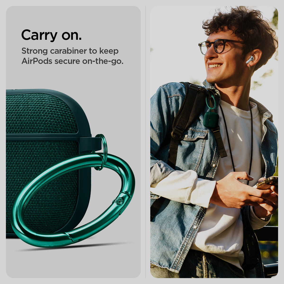ACS08650 - AirPods 4 Pro / AirPods 4 Case Urban Fit in Midnight Green showing the strong carabiner to keep Airpods secure on-the-go