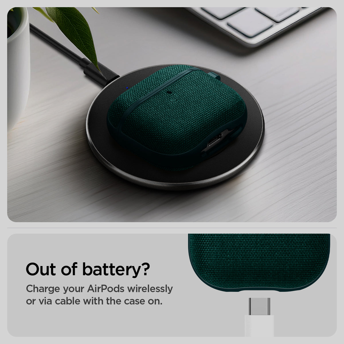 ACS08650 - AirPods 4 Pro / AirPods 4 Case Urban Fit in Midnight Green showing charging your AirPods wirelessly or via cable with the case on