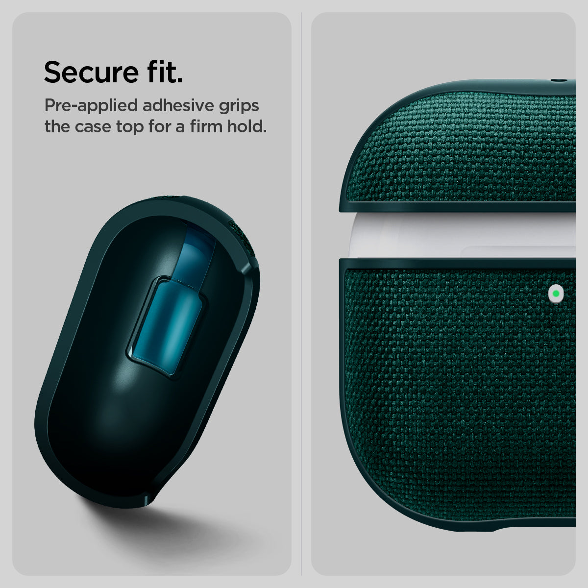 ACS08650 - AirPods 4 Pro / AirPods 4 Case Urban Fit in Midnight Green showing the secure fit Pre-applied adhesive grips the case top for a firm hold