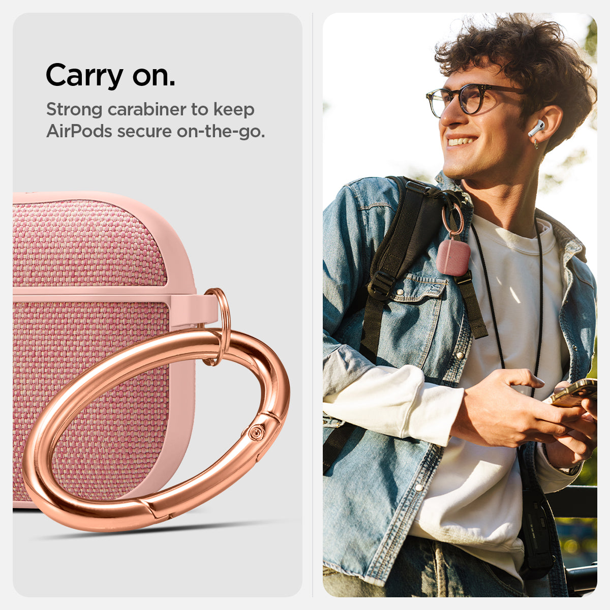 ACS08649 - AirPods 4 Pro / AirPods 4 Case Urban Fit in Rose Gold showing the strong carabiner to keep Airpods secure on-the-go