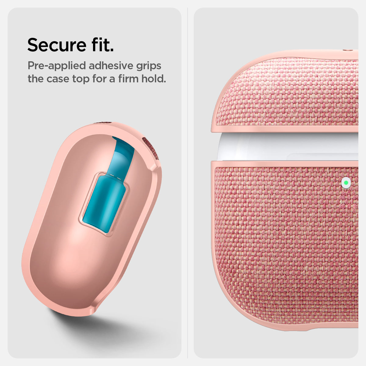 ACS08649 - AirPods 4 Pro / AirPods 4 Case Urban Fit in Rose Gold showing the secure fit Pre-applied adhesive grips the case top for a firm hold