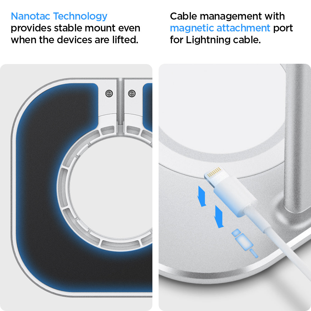 AMP02817 - Apple Airpods Max MagFit Stand in silver showing the nanotec technology, provides stable mount even when the devices are lifted, cable management with magnetic attachment port for lightning cable 