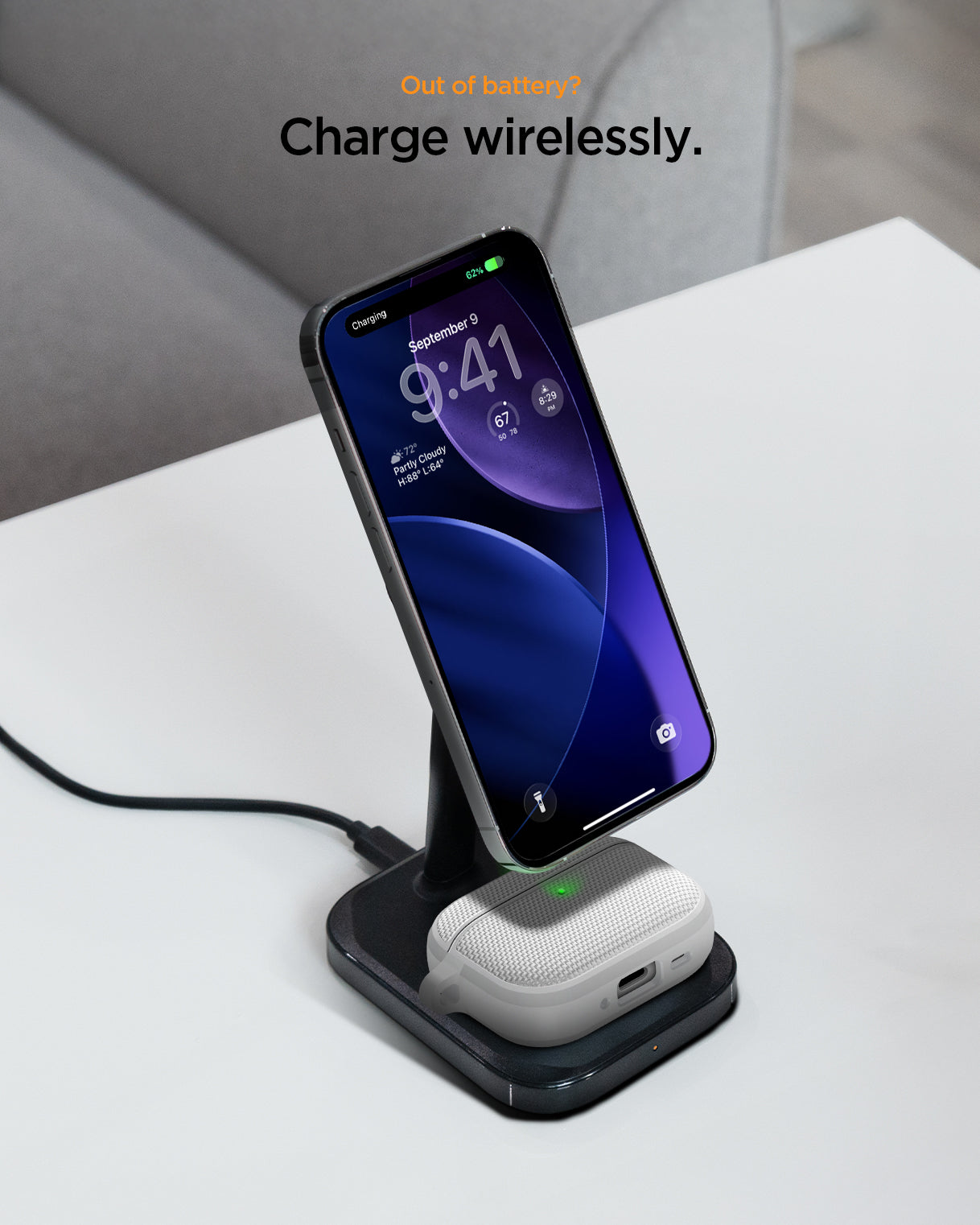 ACS11144 - AirPods Pro 3 Classic Fit case charging wirelessly on a desk with a smartphone on a charging stand, showing LED indicator and textured fabric finish