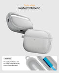 ACS11144 - AirPods Pro 3 Classic Fit case showing precise cutouts and perfect fit with textured fabric panels, open and closed views highlighting adhesive lining and charging port access
