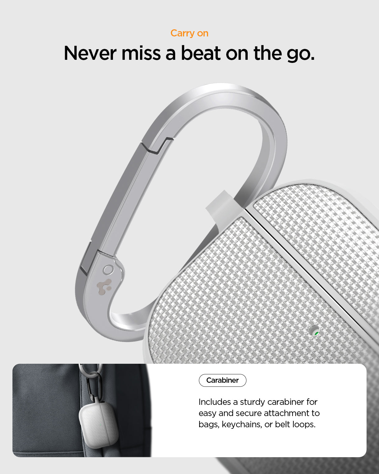 ACS11144 - AirPods Pro 3 Classic Fit case with attached carabiner for secure carry, shown clipped to a bag and highlighting textured fabric finish for on-the-go use